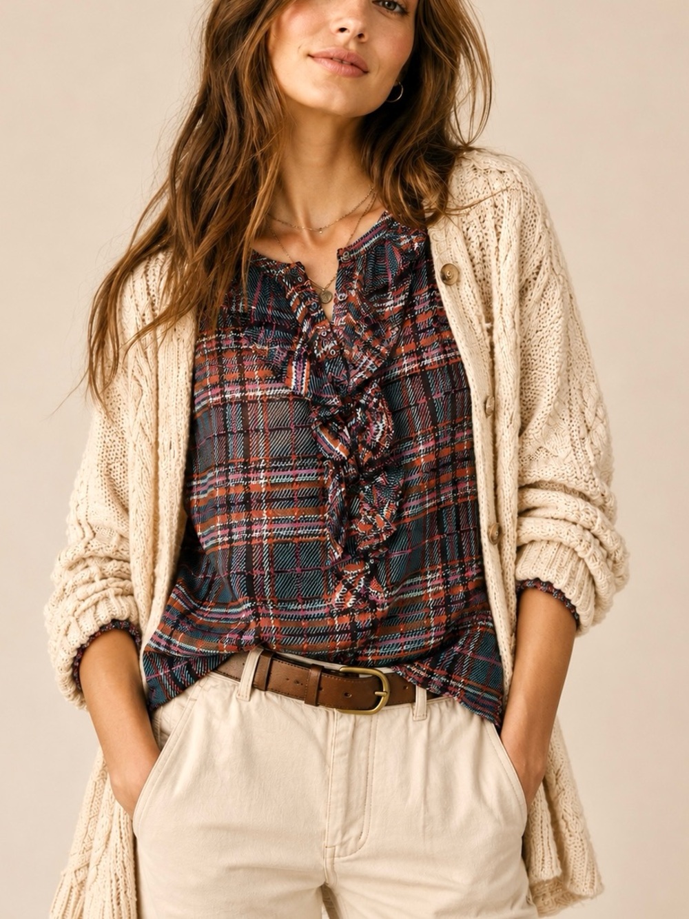 Sundance NWOT Silk Plaid Ruffle Blouse Boho  Preppy Romantic Layering Sheer S